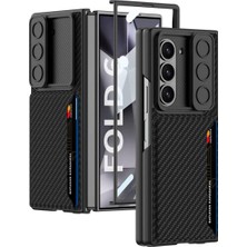 Galaxy Z Fold 6 Kılıf Kamera Korumalı Karbon Fiber Arka Yüzey Kartlıklı Kıpta Sert Kapak-Siyah
