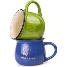 2'li Görünümlü Renkli Porselen Kupa Seti Good Morning Yazılı 250 Ml,mavi & Yeşil