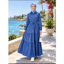 Harma Time Butik Kadın Düğmeli Cepli Bağcıklı Tensel Kumaş Koyu Mavi Kot Elbise