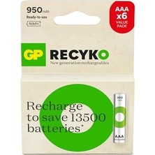 Recyko 950MAH Aaa Ince Kalem Ni-Mh Şarjlı Pil, 1.2 Volt, 6'lı Kart