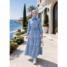 Harma Time Butik Kadın Düğmeli Cepli Bağcıklı Tensel Kumaş Açık Mavi Kot Elbise