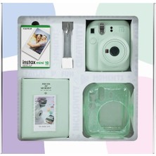 Mini 12 Yeşil Fotoğraf Makinesi 10'lu Film Simli Pleksi Kılıf Pvc Albüm ve Kıskaçlı Resim Standı Bundle Box