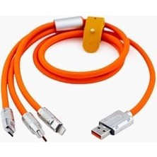 6A 3in1 Type-C Sıvı Silikon Data Hızlı Şarj Kablosu - Bakır Döşeme - Katlanmaz Kırılmaz Dayanıklı Kablo Turuncu