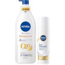 Sun SPF50 Güneş Koruyucu Nemlendirici Primer Makyaj Bazı 30ML ve Q10 Sıkılaştırıcı Vücut LOSYON400ML