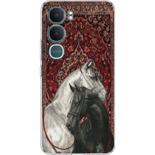 TechTree Vivo Y31 5g Uyumlu Geleneksel Halı Motifli Siyah Beyaz At Baskılı Silikon Kılıf