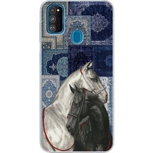 TechTree Samsung Galaxy M30S/M21 Uyumlu Mavi Kilim Desenli Siyah ve Beyaz At Baskılı Silikon Kılıf