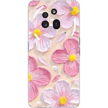 TechTree Nothing Phone (3A) Pro Uyumlu Pembe Beyaz Çiçekler Sulu Boya Baskılı Silikon Kılıf