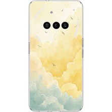 TechTree Nothing Phone (3A) Uyumlu Sarı ve Yeşil Tonlu Bulut ve Kuşlar Baskılı Silikon Kılıf