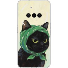 TechTree Nothing Phone (3A) Uyumlu Babushka Yeşil Başörtülü Siyah Kedi Baskılı Silikon Kılıf