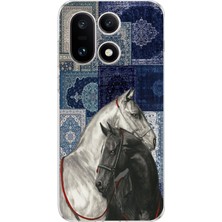 TechTree Oneplus 15 Uyumlu Mavi Kilim Desenli Siyah ve Beyaz At Baskılı Silikon Kılıf
