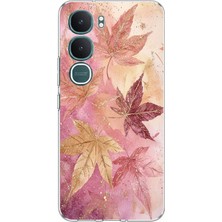 TechTree Vivo Y31 5g Uyumlu Pembe ve Bordo Tonlu Yaprak Baskılı Silikon Kılıf