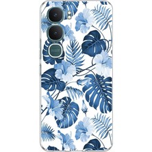 TechTree Vivo Y31 5g Uyumlu Mavi Yaprak ve Çiçek Desenli Baskılı Silikon Kılıf