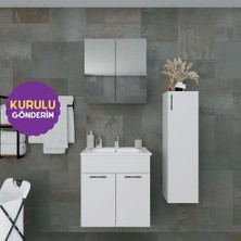 Regnum-L 65 cm Etajerli Lavabolu ve Havlu Dolaplı Banyo Dolabı Takımı Parlak Beyaz MDF Lam