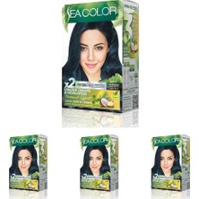Sea Color Amonyaksız, Vegan, Doğal, Besleyici Kalıcı Saç BOYASI%100 Beyaz Kapama (1 Paket 2 x 50 ml Boya & Oksidan) (Mavi Siyah 1.1) (4 Paketi)