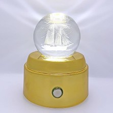 Işıklı Müzikli Dönen 3D Kristal Cam Küre Gemi Model