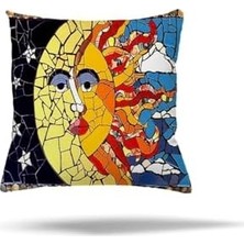 Pelangi Mozaik Güneş Ay Etnik Desen Gizli Fermuarlı Yastık Kılıfı Kırlent Kılıfı Koltuk Yastık Kılıfı, Sarı-Kırmızı 45 x 45