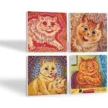 Louis Wain Kediler Taş Bardak Altlığı Seti - 4 Parça - Dekoratif, Rustik Mutfak Aksesuarı, 10X10 Cm, Kaydırmaz Tabanlı, Şık ve Dayanıklı SC214