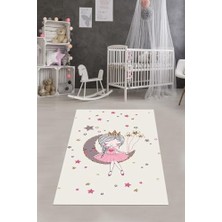 Pelangi Prenses Ay Yıldız Desenli Dijital Baskılı Kaymaz Taban Leke Yıkanabilir Kız Çocuk Odası Halısı, Bej-Pembe 120 x 180