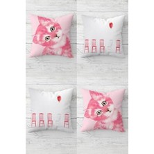 Pelangi Kedili Balonlu Kedi Desenli Gizli Fermuarlı Kırlent Kılıfı Koltuk Yastık Kılıfı TAKIM(4ADET), Pembe-Beyaz 43 x 43