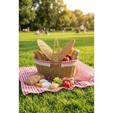 Oval Plastik Piknik Sepeti, Doğal Hasır Görünümlü, Kapaklı, Çok Amaçlı, 40X18X27 Cm, Piknik Plaj Bahçe Için