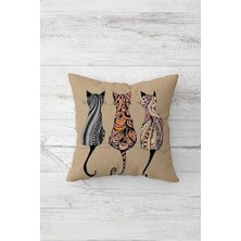 Pelangi Kedi Desenli Çift Tarafı Baskılı Gizli Fermuarlı Yastık Kılıfı Kırlent Koltuk Yastık Kılıfı, Bej-Turuncu 45 x 45, 24691143945451