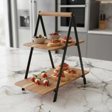 2 Katlı Akasya Ahşap Sunum Standı - Silikon Kaplamalı Siyah Metal Gövdeli Meyvelik Kurabiyelik Kahve Köşesi ve Mutfak Banyo Düzenleyici Organizer (16 x 26.5 x 34 Cm)
