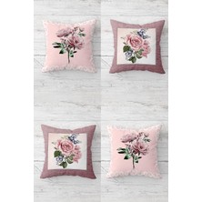 Pelangi Gül ve Karanfil Desenli Gizli Fermuarlı Kırlent Kılıfı Koltuk Yastık Kılıfı TAKIM(4ADET), Pembe-Yavruağzı 45 x 45
