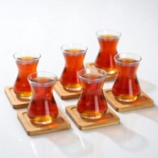 Çay Bardağı ve Bambu Altlık Seti, Şeffaf Cam, Doğal Bambu, 6 Bardak ve 6 Altlık