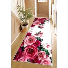 Pelangi Gül Desenli Dijital Baskı Yıkanabilir Kaymaz Taban Salon Halısı ve Yolluk (Gri), Pembe-Beyaz 100 x 350, 95541301003507