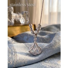 Stainless Steel 316L Çelik Gümüş Renk Gingko Yaprağı Model Zirkon Taşlı Kolye