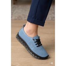Shoemix Biocomfort Hakiki Deri Mavi Delikli Şeffaf Taban Kadın Günlük Ayakkabı