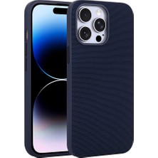 iPhone Uyumlu 14 Pro Max Kılıf M-Safe Şarj Özellikli Kumaş Tasarımlı Zore Miami Sert Pc Kapak-Lacivert