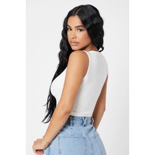 Cm Store Kadın Beyaz Kare Yaka Crop Top Bluz
