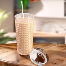 Skygo Desenli Borosilikat Cam Bardak, 550ML, Kapaklı ve Pipetli, Soğuk Içecekler Için