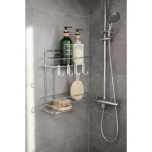 Lüks Krom Metal 2 Katlı Banyo Rafı Şampuanlık ve Duş Rafı Askılı Yapışkanlı Duvara Monte Tş-02