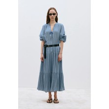 Suud Collection Mavi Muse Düğmeli Maxi Elbise