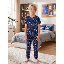 Enie Erkek Çocuk Pamuklu Uzay Desenli Yazlık Pijama Takımı