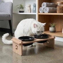Esranın Dünyası Ahşap Standlı Çift Kaseli Mama Kabı, Kedi ve Küçük Köpekler Için