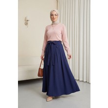 Moda Morfo Yuvarlak Yaka Kolu Düğme Detaylı Triko Tunik   -Pudra