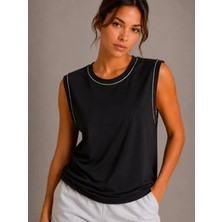 Efnaz Style Kontrast Biyeli Kolsuz Atlet Bisiklet Yaka Yazlık Basic Atlet - Siyah