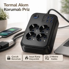 Azurtech Çoklu Priz 4’lü USB Type-C Girişli Termal Korumalı 2m Kablo Çocuk Güvenlikli