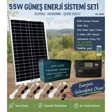 Yakens Enerji 55w Hazır Solar Paketi Güneş Paneli Enerji Sistem 14ah Jel Akü + 10a Şarj Kontrol Cihazı + 4 Led Ampul + Çakmaklık Çıkışı | Taşınabilir Telefon Şarjlı Hazır Solar Aydınlatma Paketi