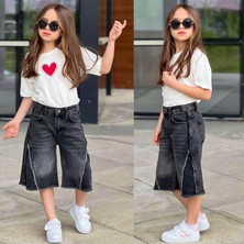 Ay Kids Kız Çocuk Kalp Baskılı Oversize Tişört & Bol Paça Jean Kapri Kombin Takım  2689S