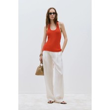 Suud Collection Turuncu Estel Halter Dökümlü Triko Bluz