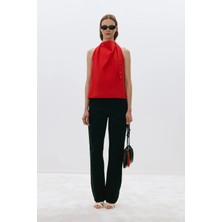 Suud Collection Kırmızı Marty Halter Yaka Poplin Bluz