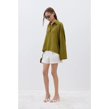 Suud Collection Yağ Yeşili Alessa Polo Yaka Tensel Bluz