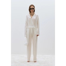 Suud Collection Beyaz %100 Keten Viana Pileli Pantolon