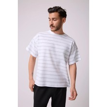 Defy's Erkek Bisiklet Yaka Kısa Kollu Oversize Kalıp Dokulu Çizgili Günlük Tişört