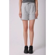 Kadın Beli Lastikli Cepli Regular Fit Şort Gri Melanj