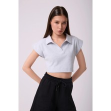 Defy's Kadın Polo Yaka Regular Fit Basic Crop Kırçıllı Gri Melanj